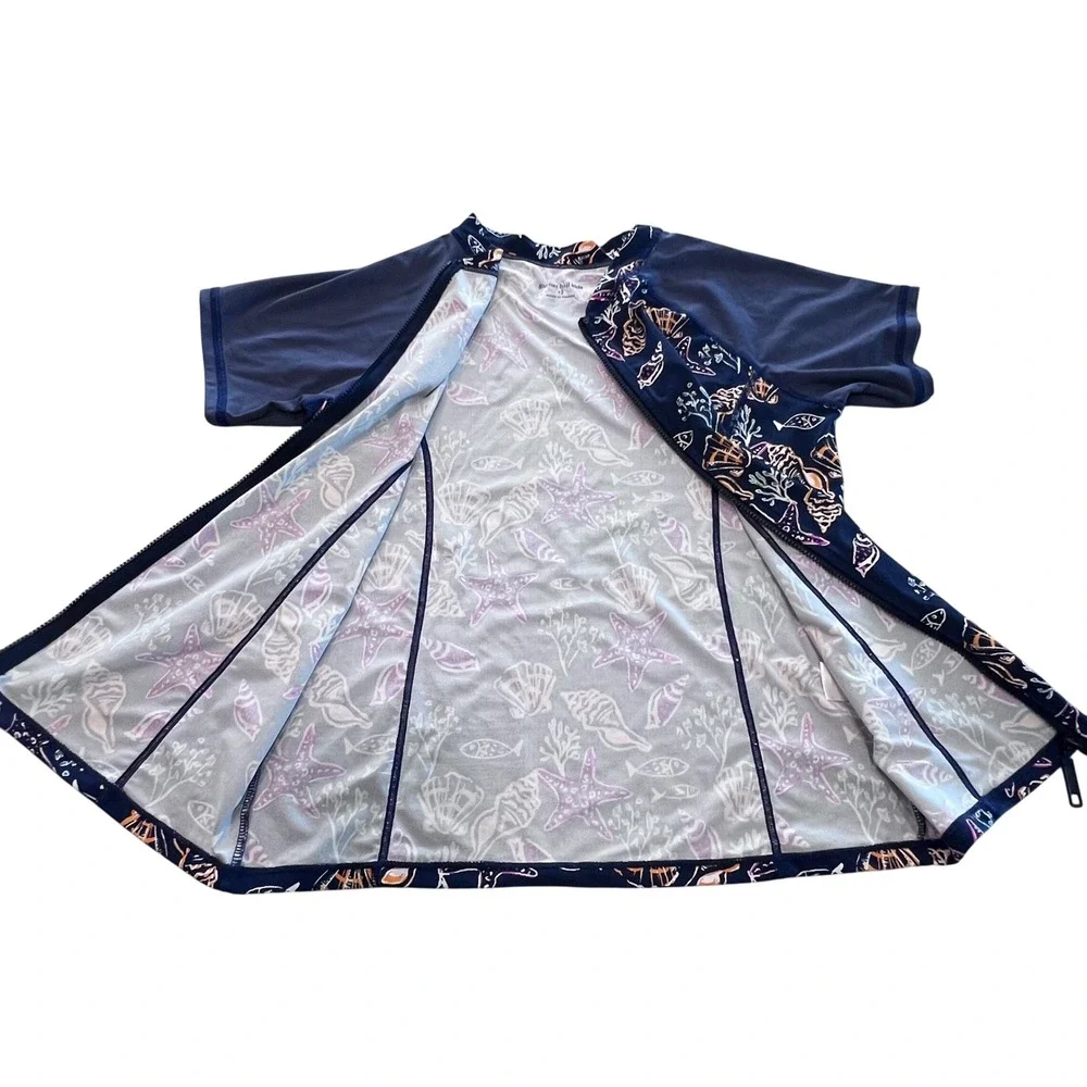 Garnet Hill Kids Size 12 Navy‎ Blue Seashell Starfish Rash Guard Swim Zip